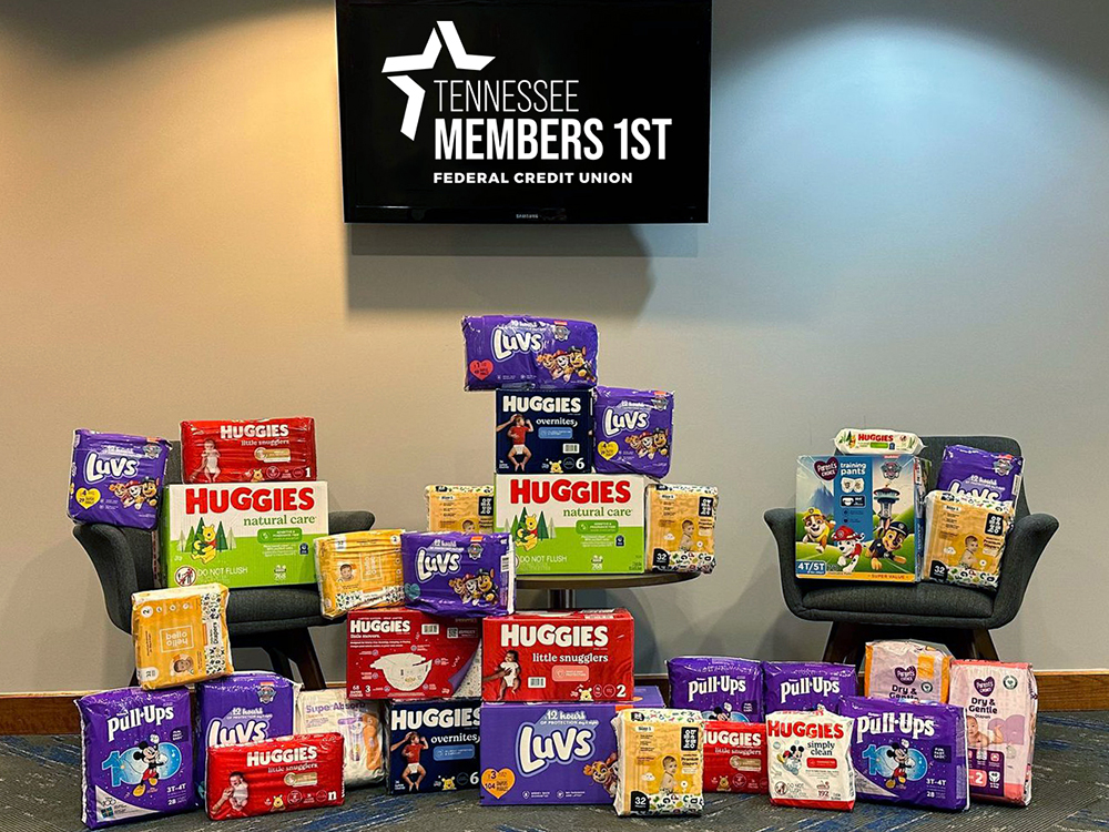 2024 Diaper Drive donations fill the front lobby of TN Members 1st FCU.